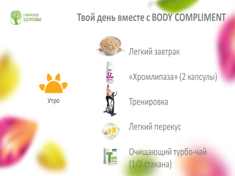 Легкий завтрак  «Хромлипаза» (2 капсулы)   Тренировка  Легкий перекус  Очищающий